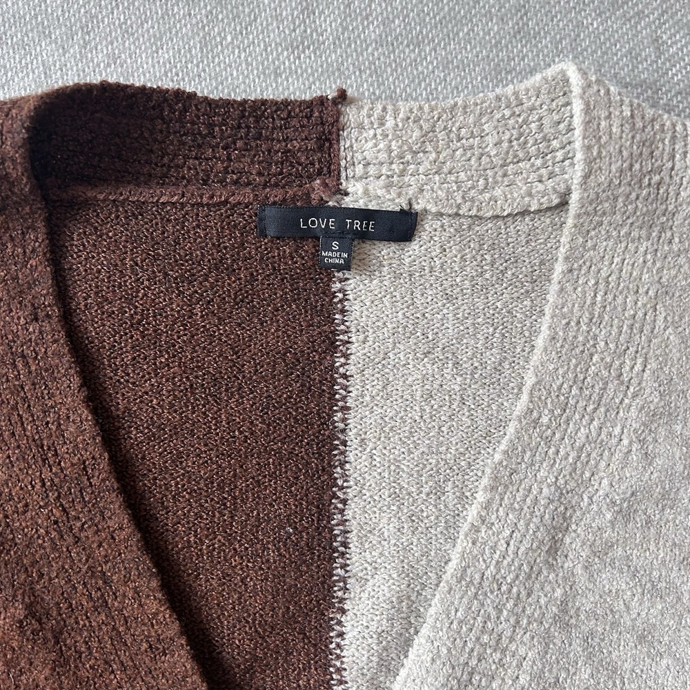 Love Tree Two-Tone Cropped Cardigan Small Brown Cream Colorblock 19" L Small - Picture 3 of 4
